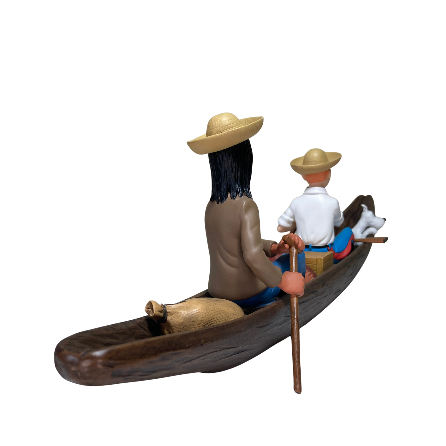 Pirogue en bois de la marque Espace714 avec détails de fabrication, vue en gros plan sur la surface et la forme de la pirogue.