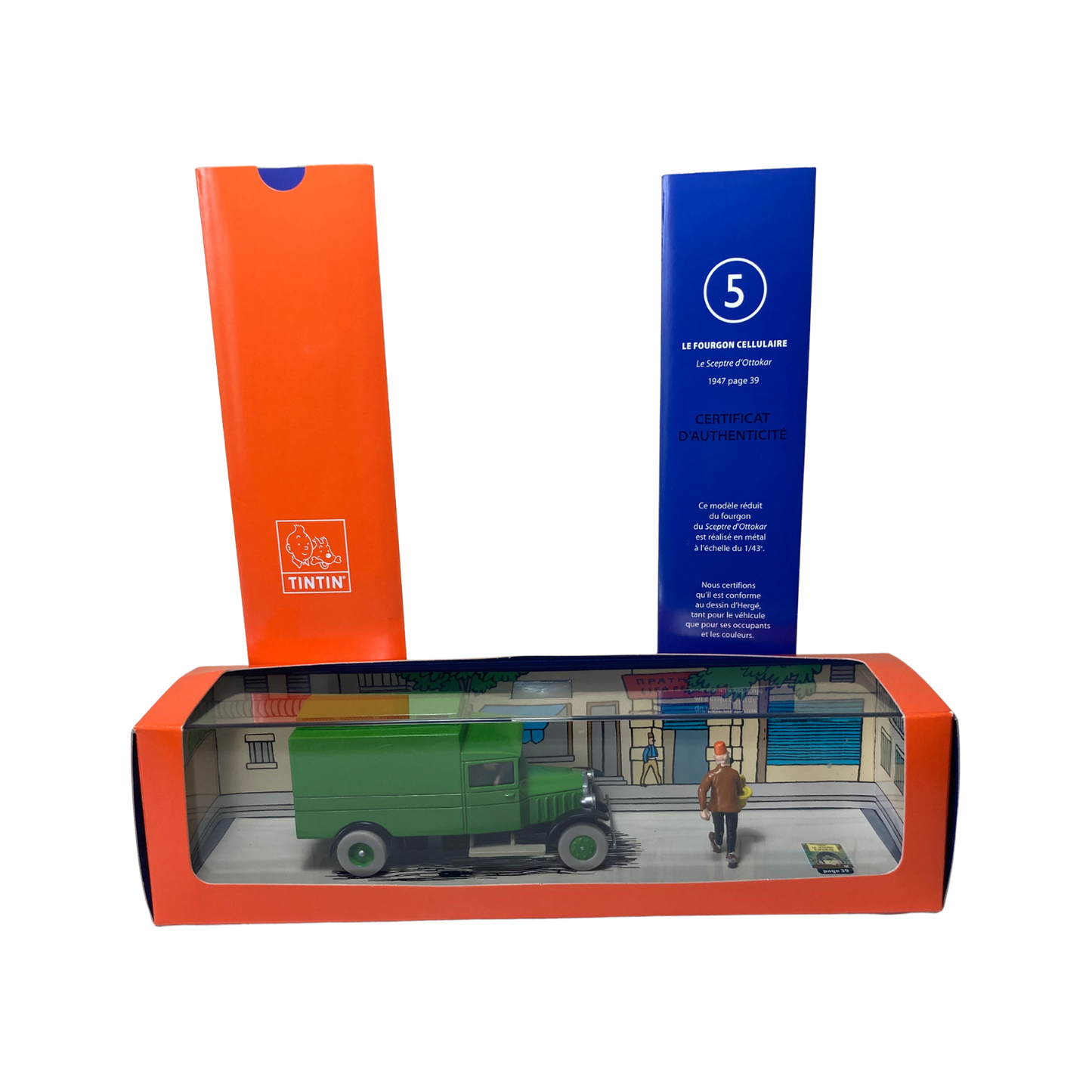 Camion cellulaire Espace714 avec cabine rouge, remorque bleue et détails colorés, vue de côté.