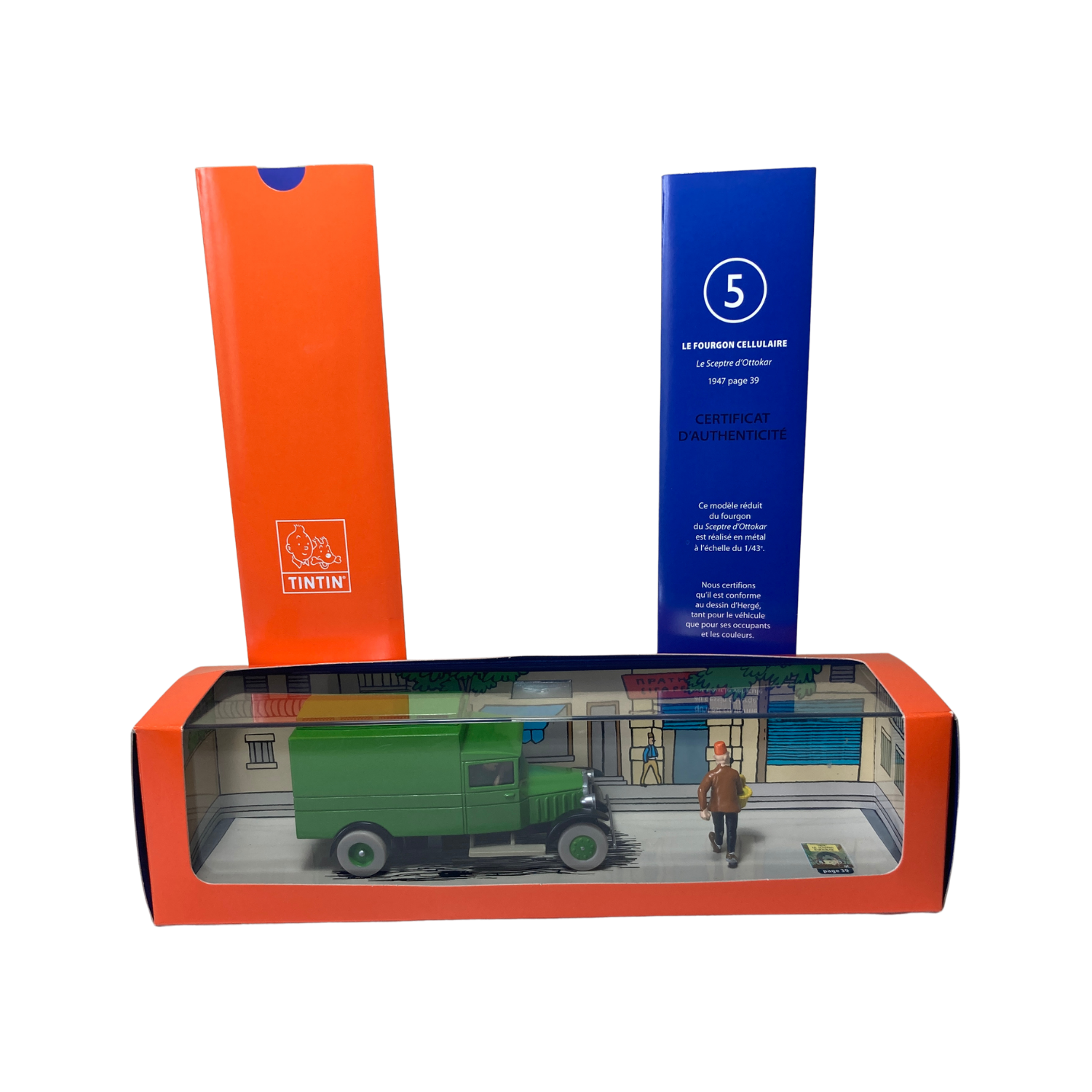 Camion cellulaire Espace714 avec cabine rouge, remorque bleue et détails colorés, vue de côté.