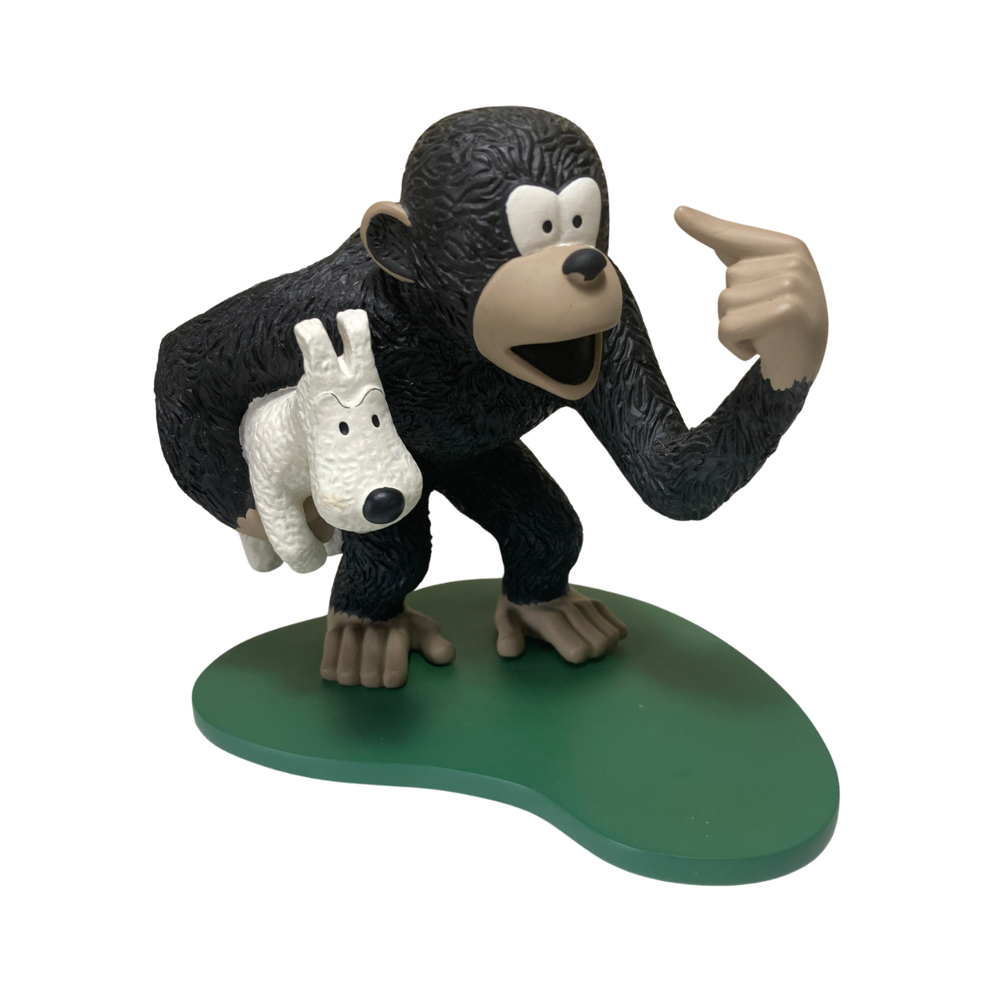 Singe Congo portant Milou, figurine en résine de style cartoon, représentant un singe marron avec Milou blanc, illustration ludique.
