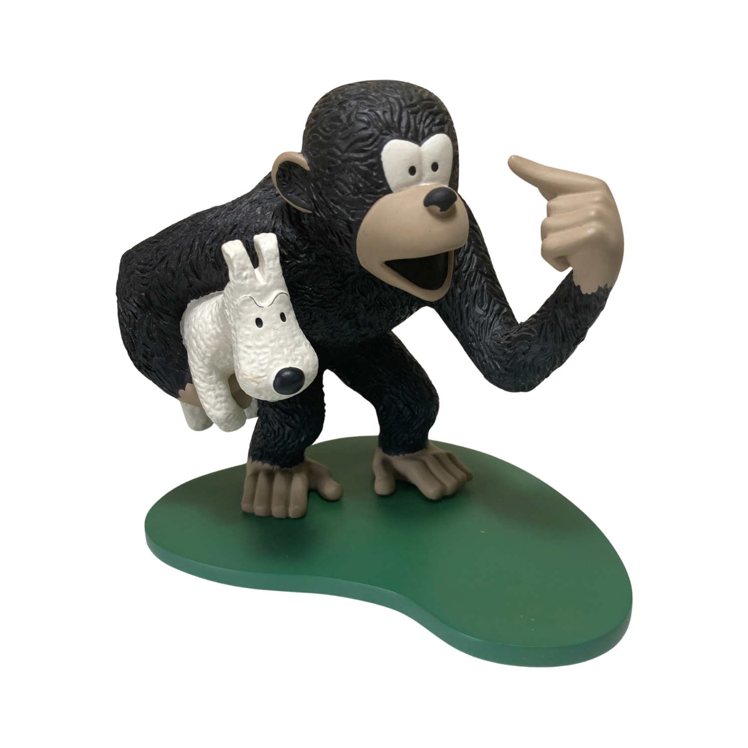 Singe Congo portant Milou, figurine en résine de style cartoon, représentant un singe marron avec Milou blanc, illustration ludique.