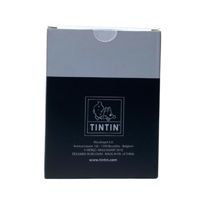 Montre Tintin Espace714 avec cadran illustré, bracelet en cuir noir et boîtier en acier, montre pour collectionneur.