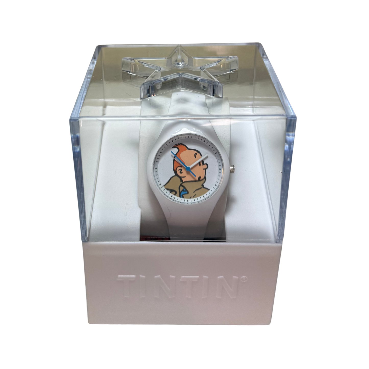 Montre Tintin Espace714 avec cadran coloré et bracelet en cuir, illustrant le personnage de BD emblématique.