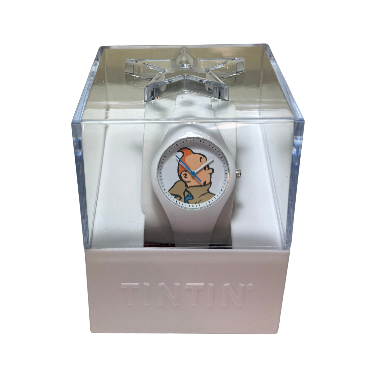 Montre Tintin Espace714 avec cadran coloré et bracelet en cuir, illustrant le personnage de BD emblématique.
