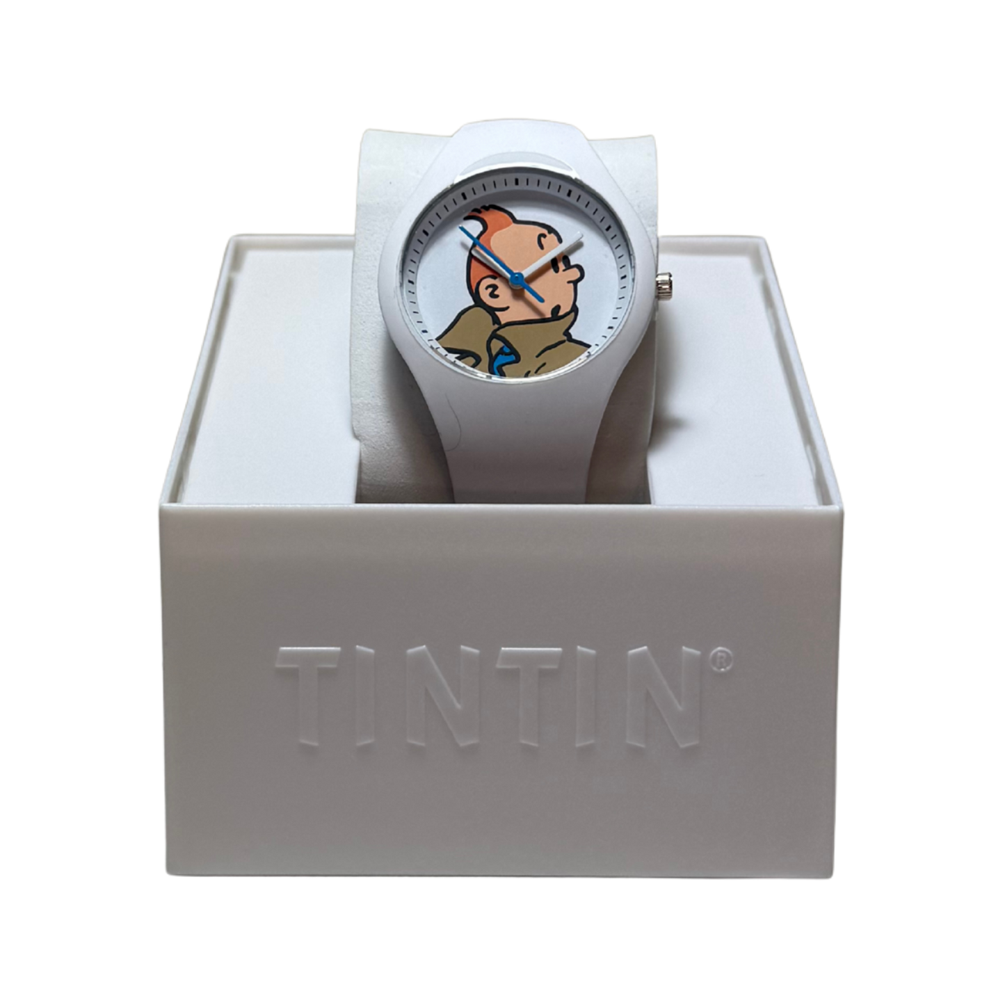 Montre Tintin Espace714 avec cadran illustré, bracelet en cuir noir, style classique et détails précis.