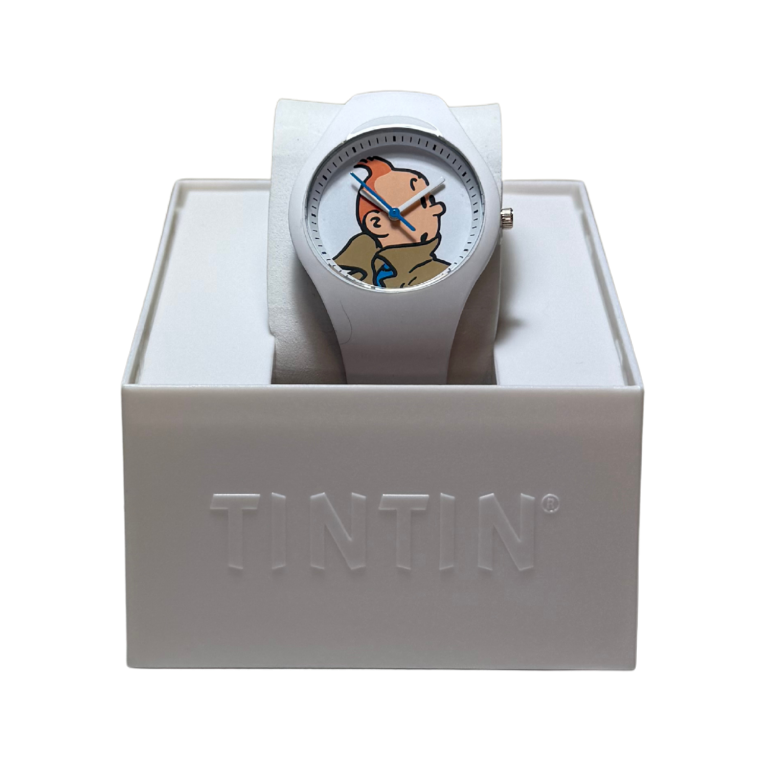 Montre Tintin Espace714 avec cadran illustré, bracelet en cuir noir, style classique et détails précis.