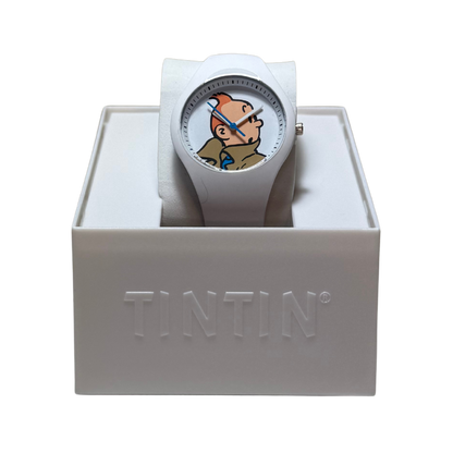 Montre Tintin Espace714 avec cadran illustré, bracelet en cuir noir, style classique et détails précis.