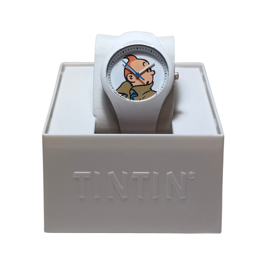 Montre Tintin Espace714 avec cadran illustré, bracelet en cuir noir, style classique et détails précis.