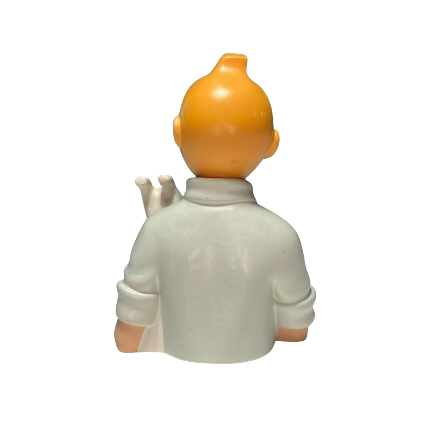 Petit buste de Tintin et Milou portant une chemise bleue, figurine de collection Espace714, visible en détail.