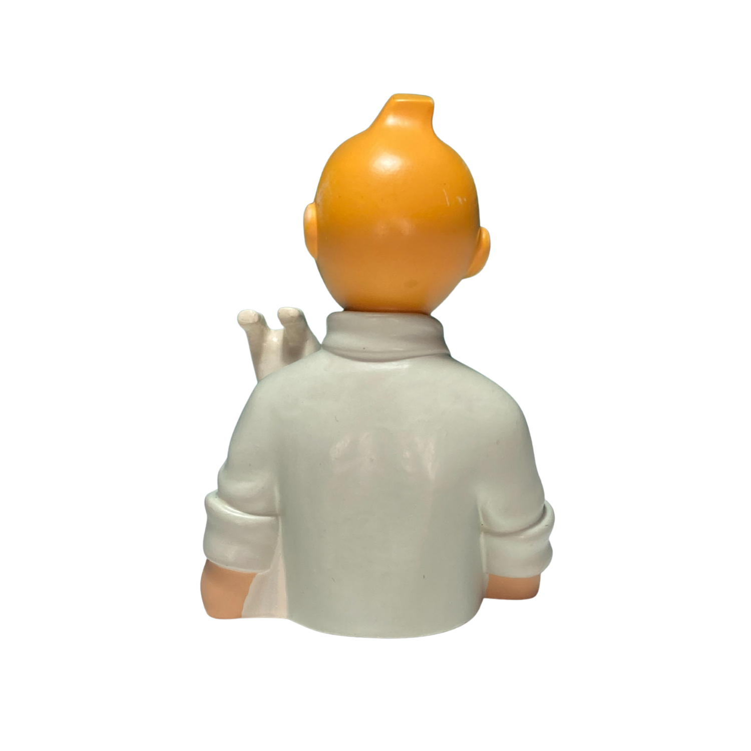 Petit buste de Tintin et Milou portant une chemise bleue, figurine de collection Espace714, visible en détail.