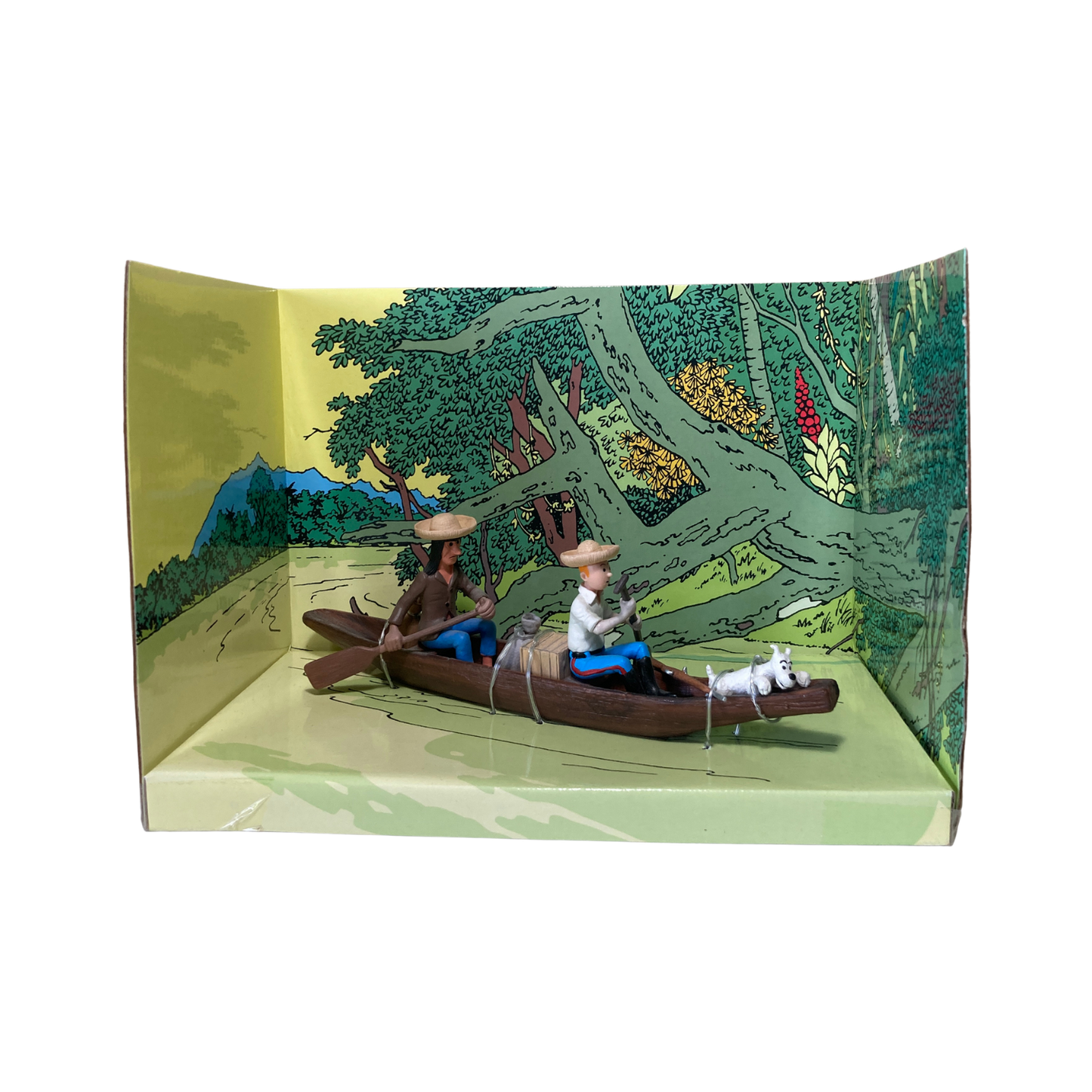 Pirogue Tintin avec l’Indien et Milou en illustration colorée, image artistique sur fond blanc, par Espace714.