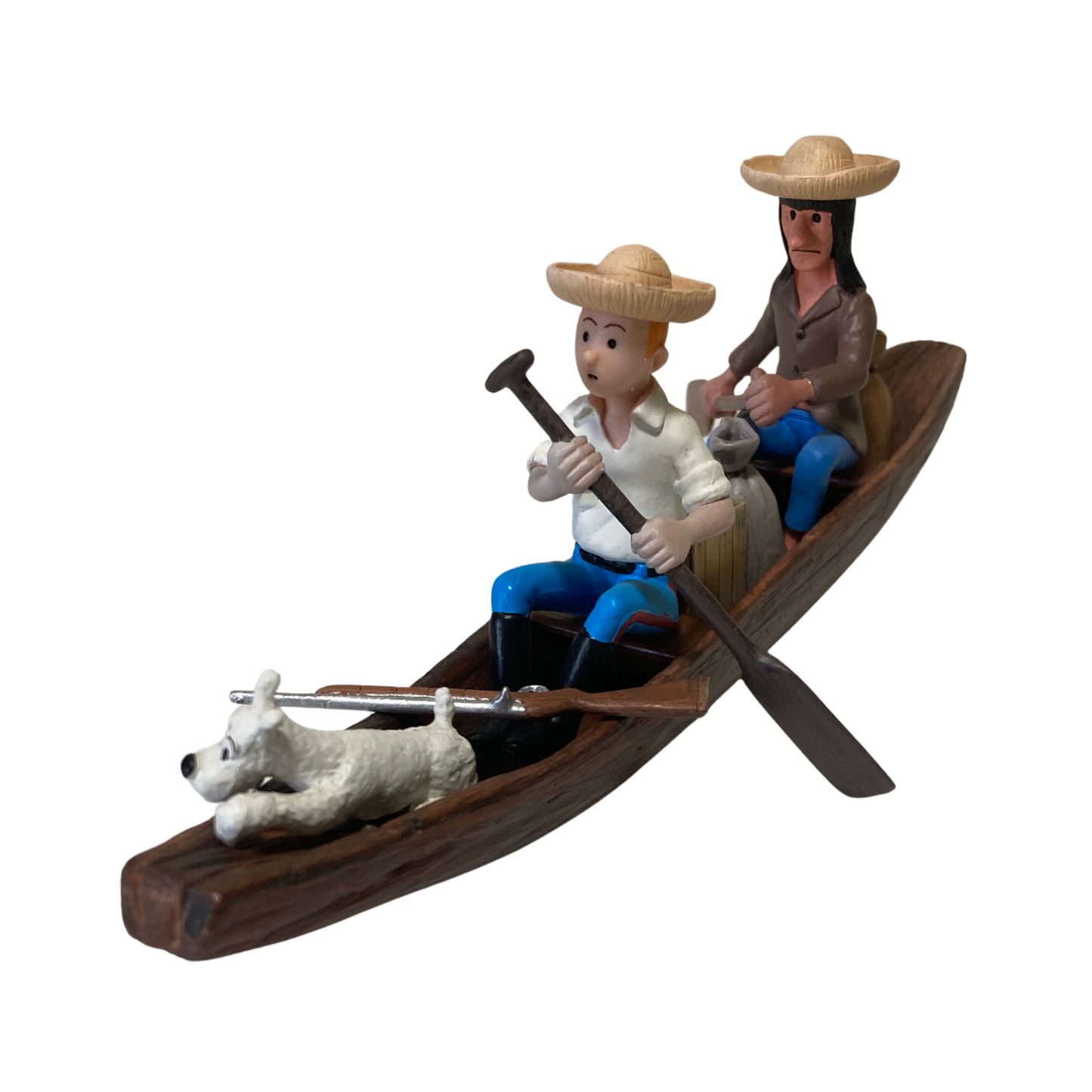 Pirogue Tintin, l’Indien et Milou en jouet en bois de la marque Espace714, avec détails colorés et finitions soignées.