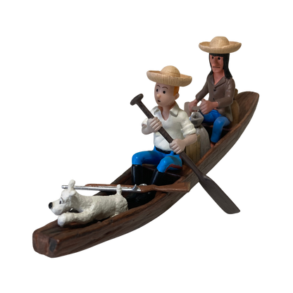 Pirogue Tintin, l’Indien et Milou en jouet en bois de la marque Espace714, avec détails colorés et finitions soignées.