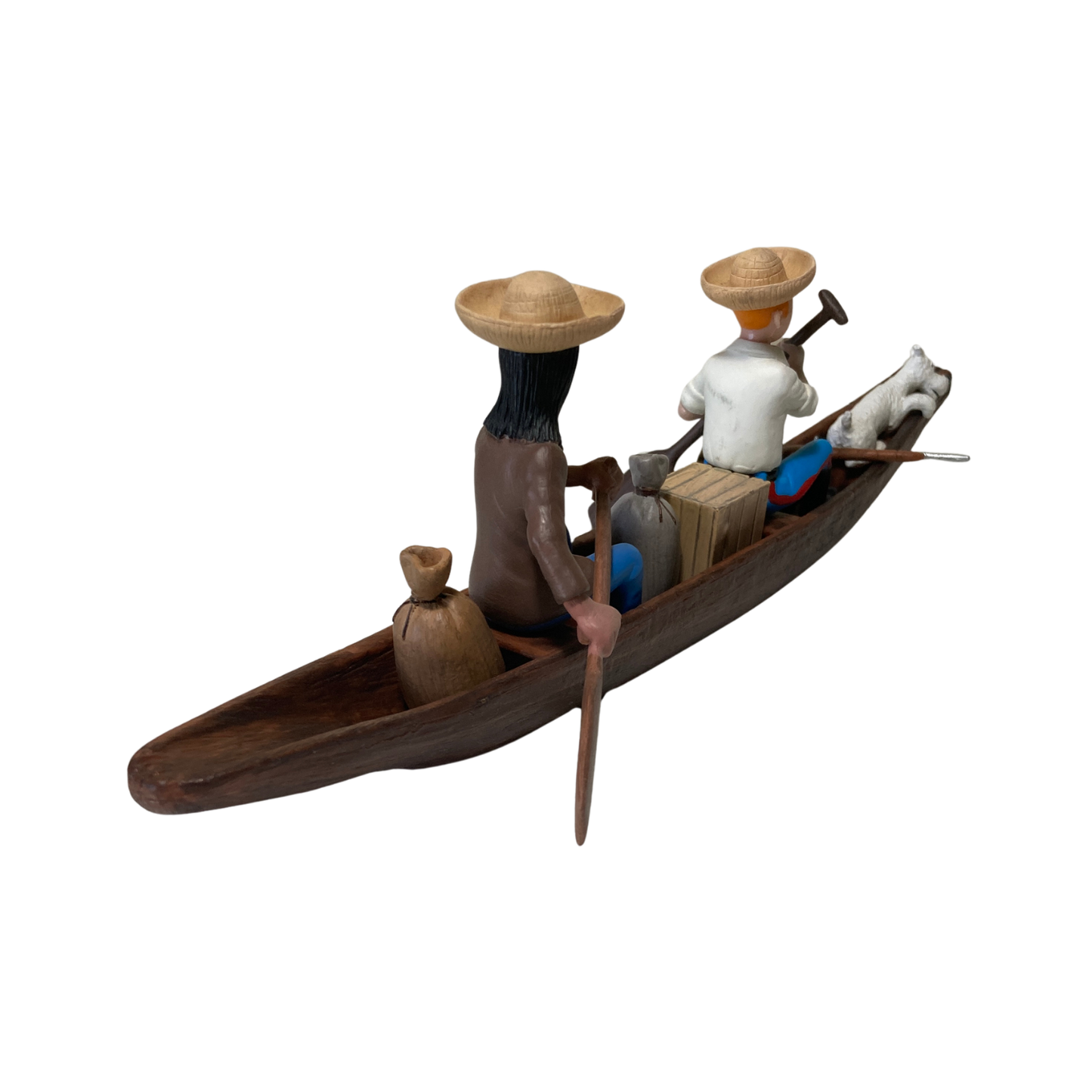 Pirogue Tintin avec l’Indien et Milou, figurines en bois de Espace714, montrant la scène avec détails colorés et artisanaux.
