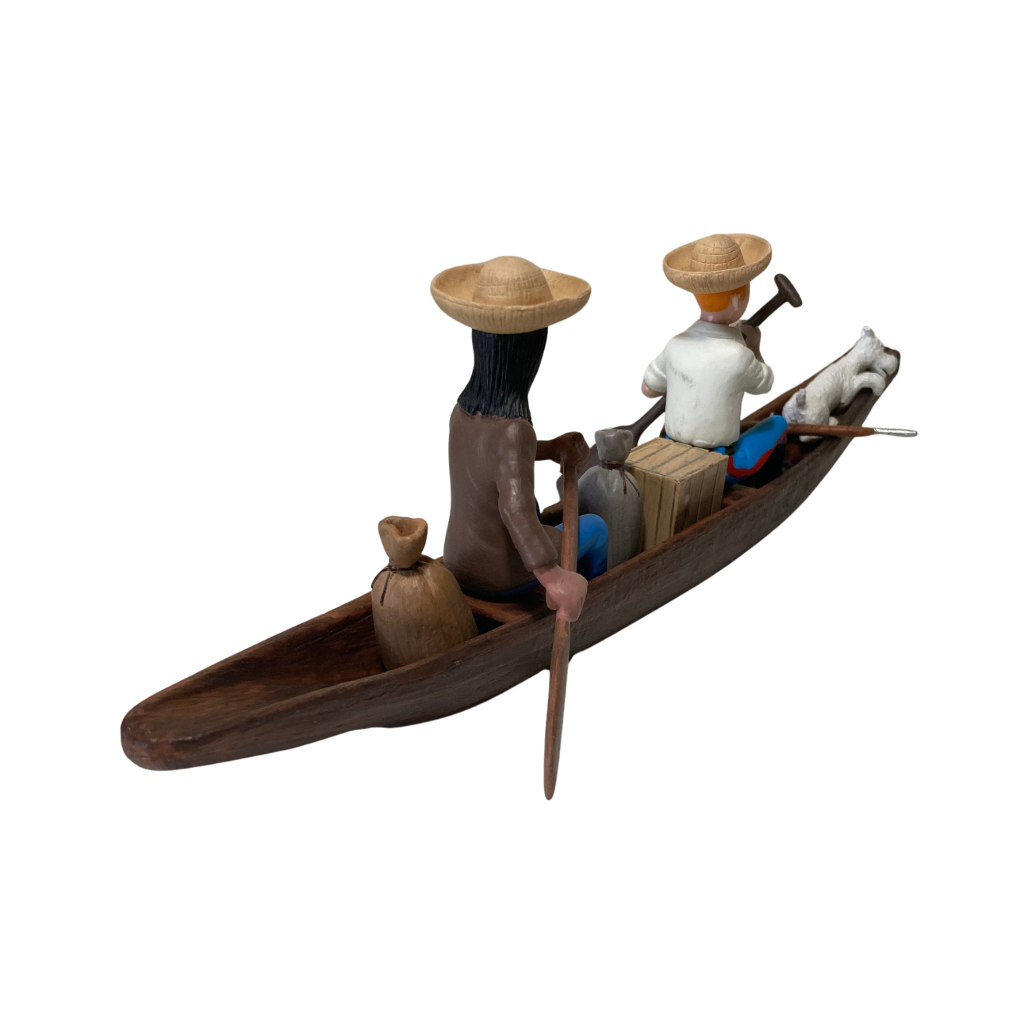 Pirogue Tintin avec l’Indien et Milou, figurines en bois de Espace714, montrant la scène avec détails colorés et artisanaux.