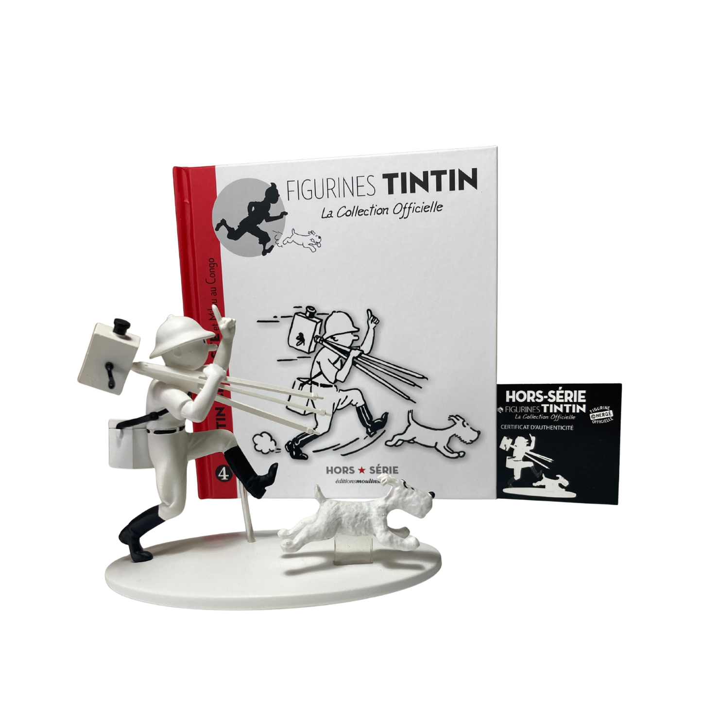 Figurine Tintin cinéaste avec Milou au Congo, personnage de la bande dessinée Tintin, en figurine de collection Espace714.