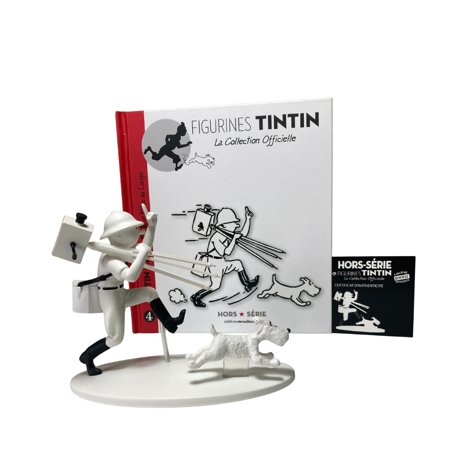 Figurine Tintin cinéaste avec Milou au Congo, personnage de la bande dessinée Tintin, en figurine de collection Espace714.