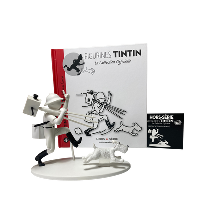 Figurine Tintin cinéaste avec Milou au Congo, personnage de la bande dessinée Tintin, en figurine de collection Espace714.
