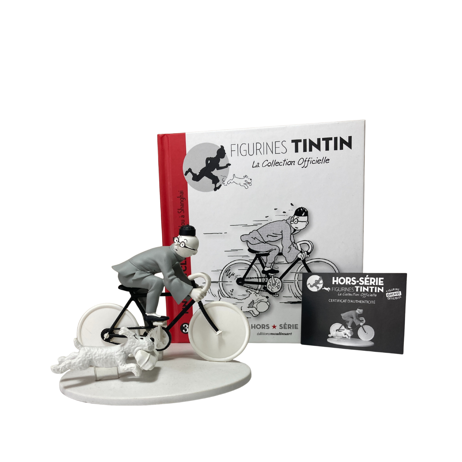 Illustration de Tintin cycliste avec Milou à Shanghai, image colorée et détaillée, représentant une scène de bande dessinée.