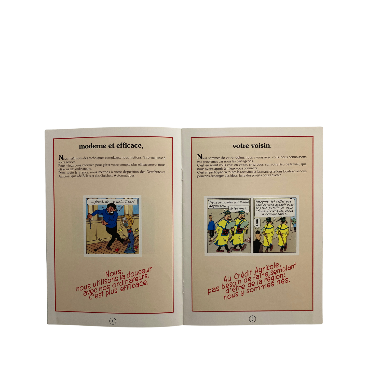 Image de Tintin dans une scène d'Au Crédit Agricole, illustration de 1980 par Espace714, affichant Tintin en costume avec décor bancaire.