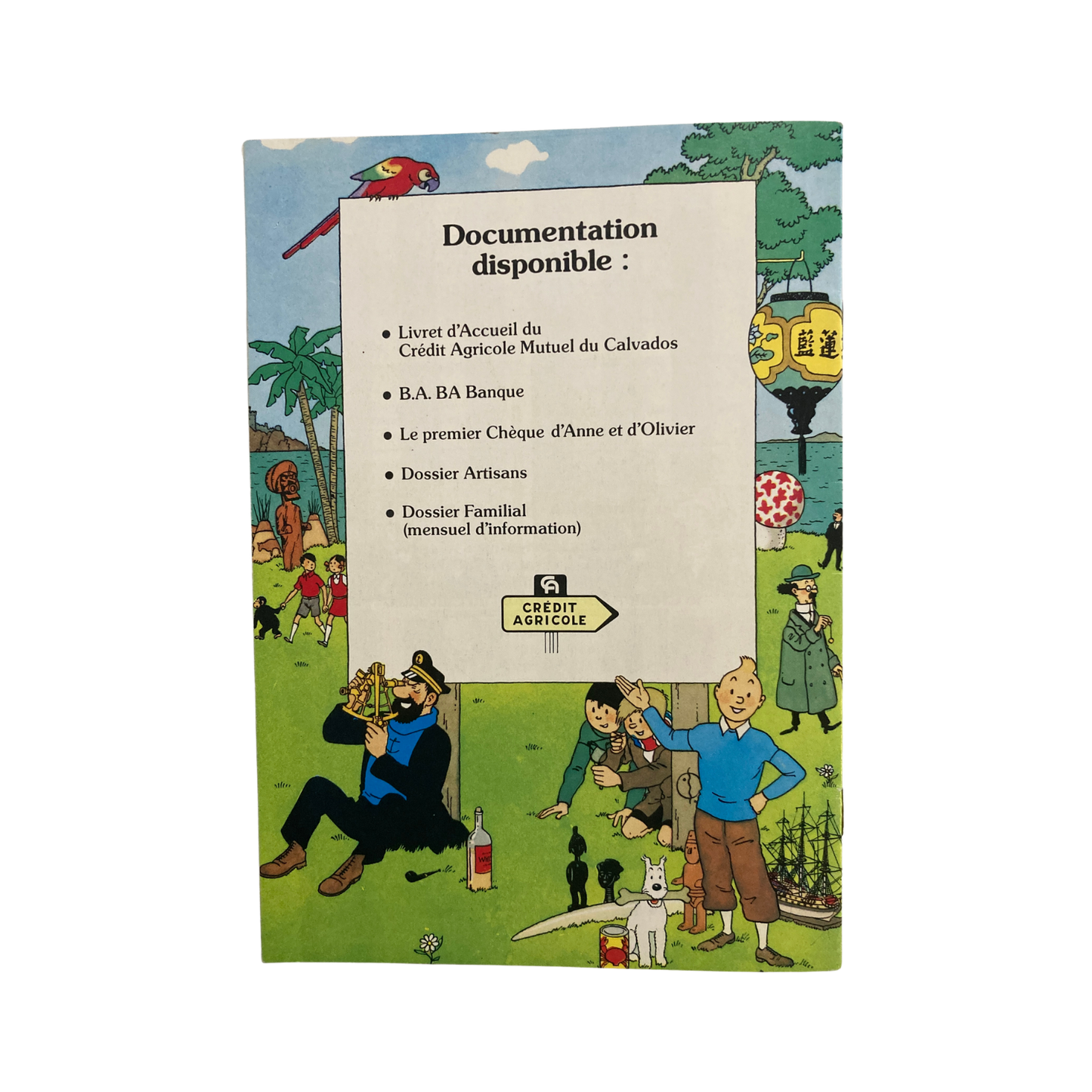 Image de Tintin dans la bande dessinée "Au Crédit Agricole" de 1980, publié par Espace714, illustrant une scène de la série Tintin.