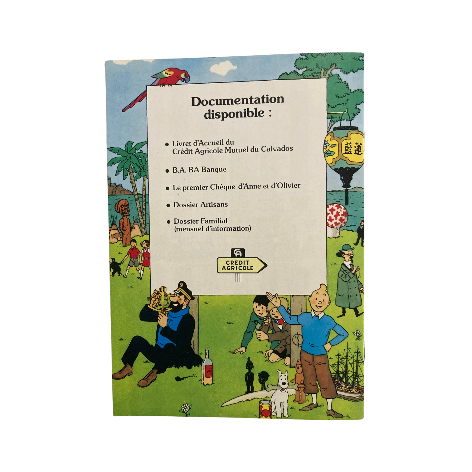Image de Tintin dans la bande dessinée "Au Crédit Agricole" de 1980, publié par Espace714, illustrant une scène de la série Tintin.