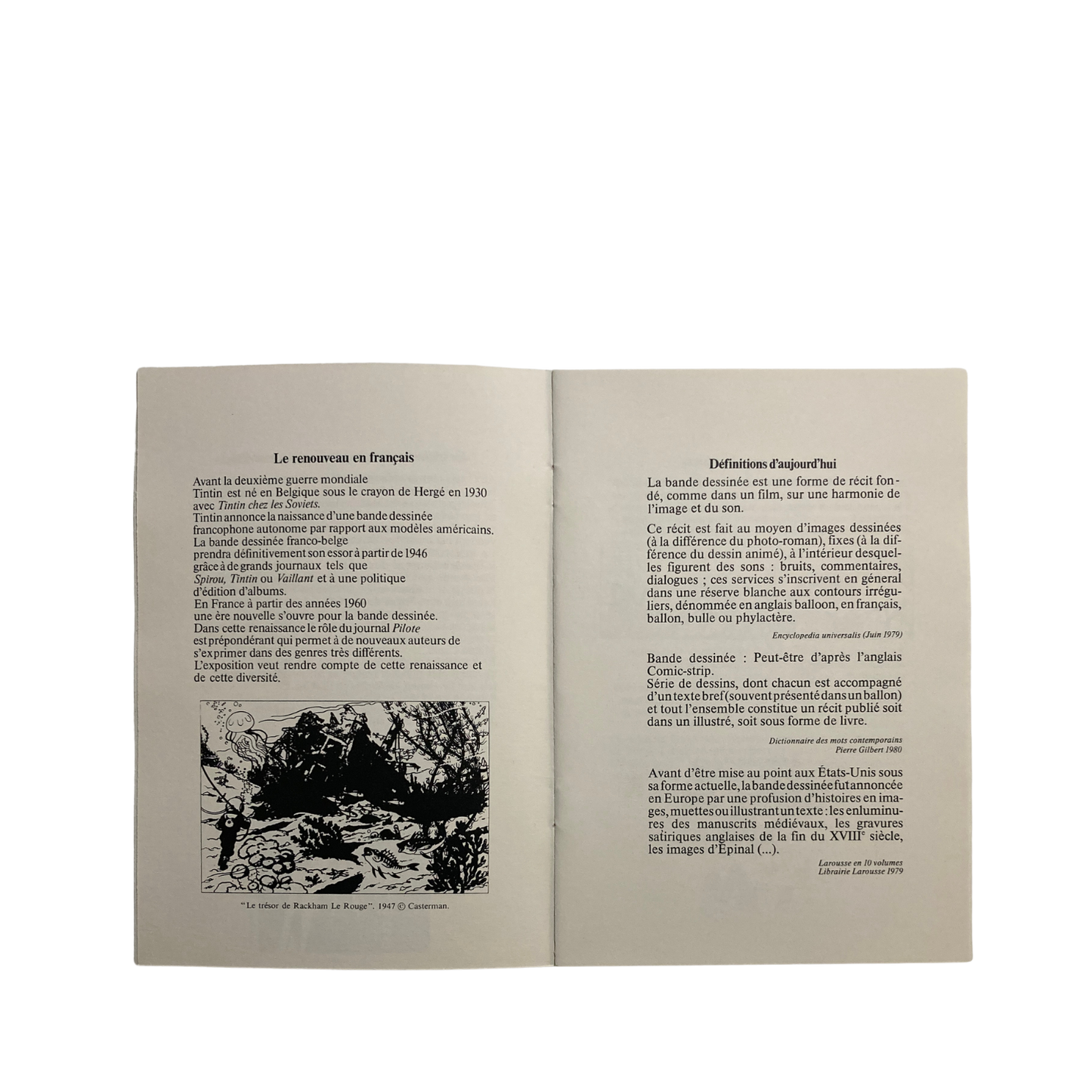 Page de la bande dessinée Tintin dans le livre "Le 9ème art : une histoire de la BD 1880-1980" d'Espace714, couverture illustrée.