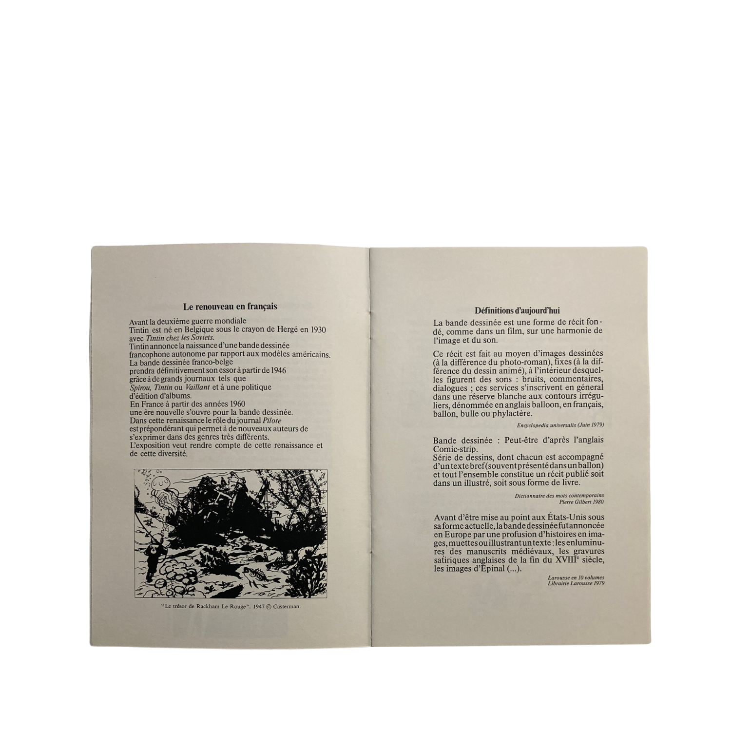 Page de la bande dessinée Tintin dans le livre "Le 9ème art : une histoire de la BD 1880-1980" d'Espace714, couverture illustrée.