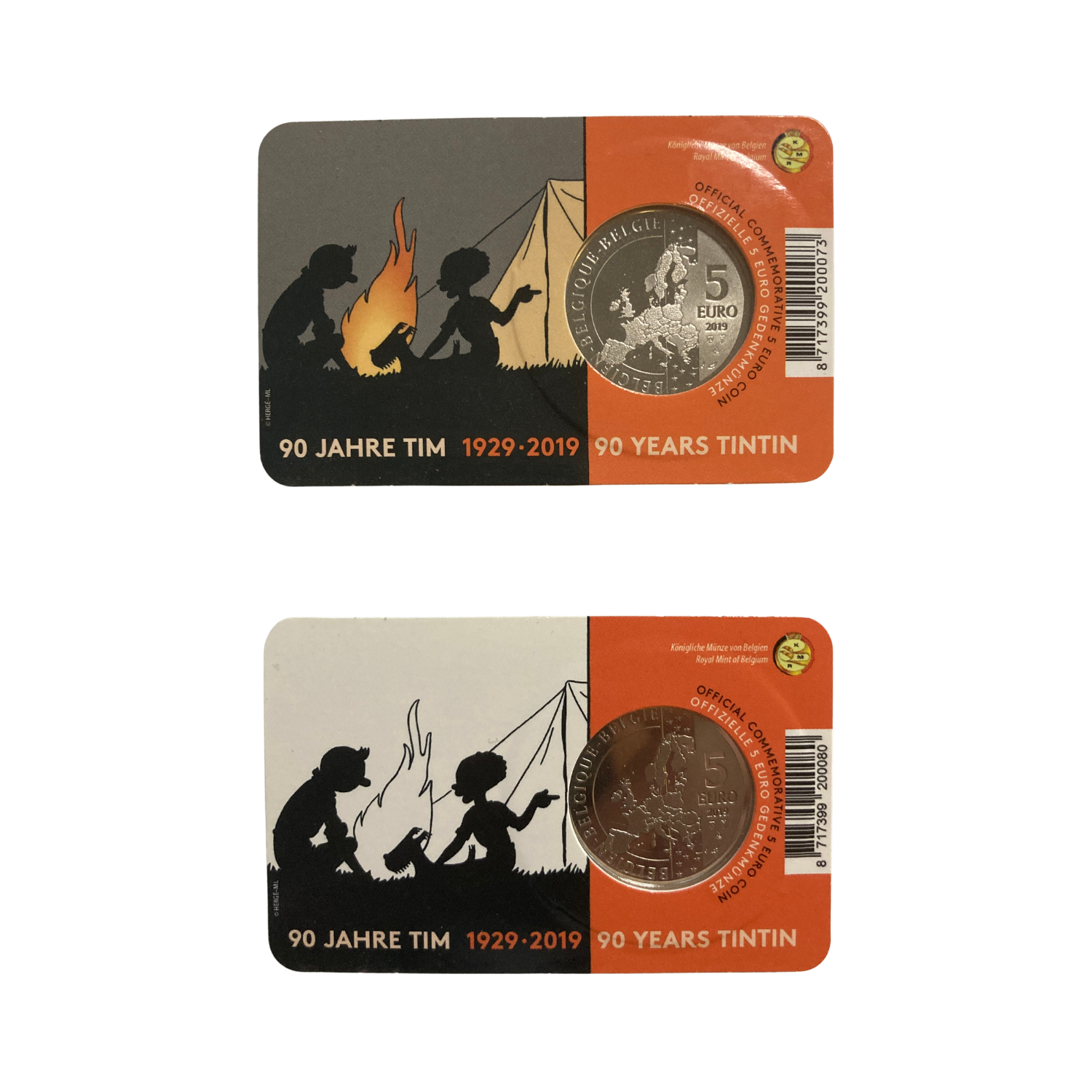Pièces commémoratives officielles de 5€ Tintin Hergé, collection de pièces en métal avec illustrations de Tintin et Hergé.