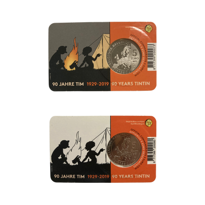 Pièces commémoratives officielles de 5€ Tintin Hergé, collection de pièces en métal avec illustrations de Tintin et Hergé.