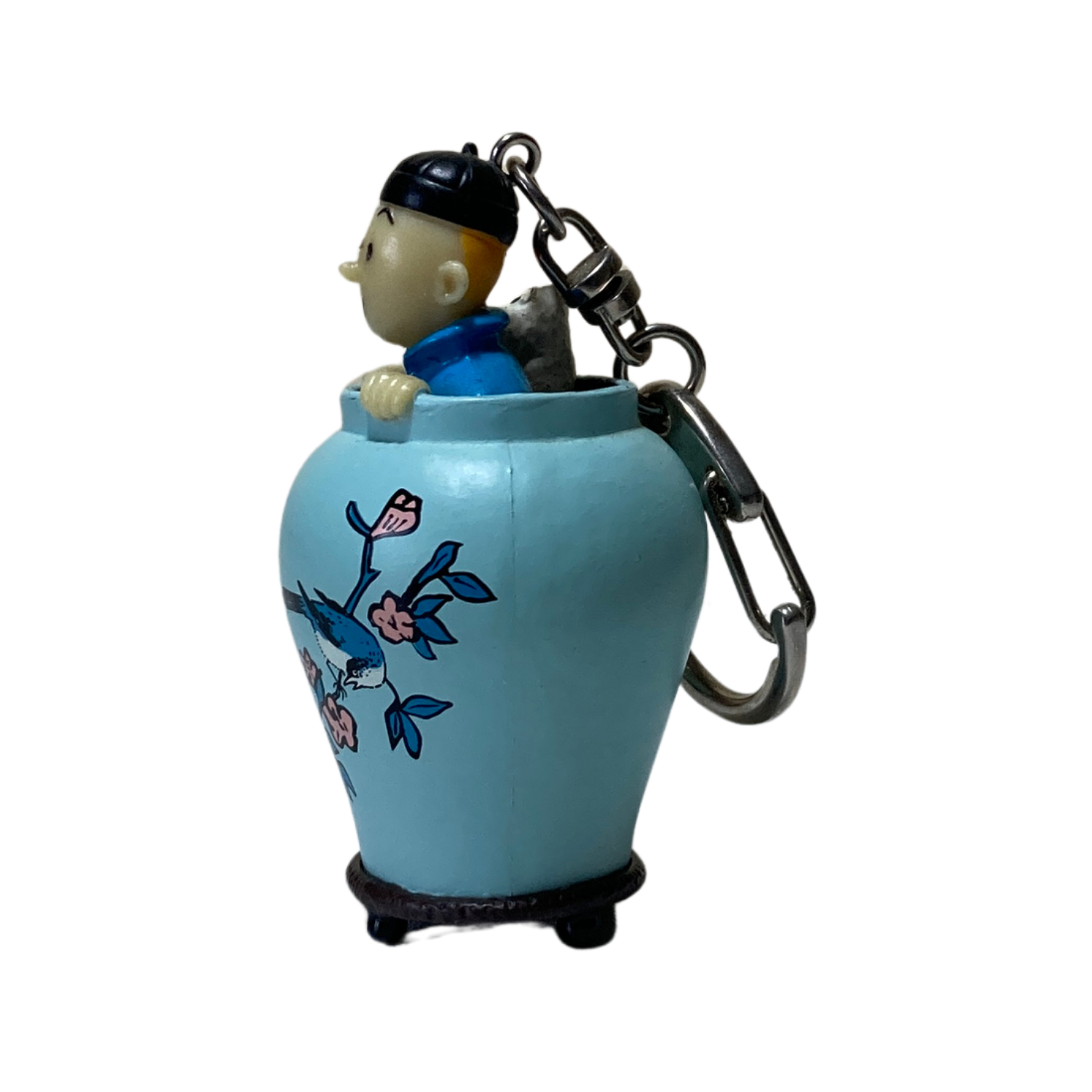 Porte-clés Tintin et Milou dans une potiche, illustration de Hergé, miniature détachable, accessoire de collection.