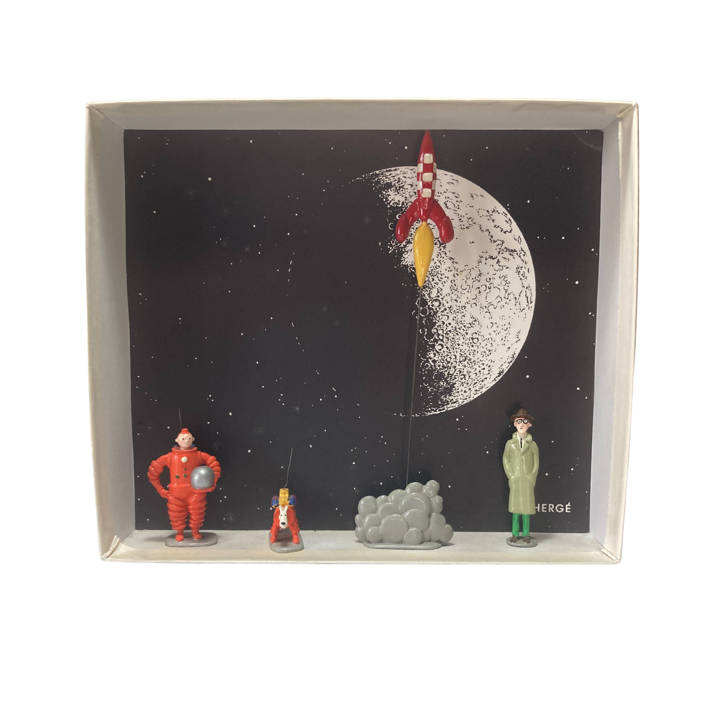 Illustration de Tintin, Milou, Baxter et une fusée dans une scène colorée, par Espace714.