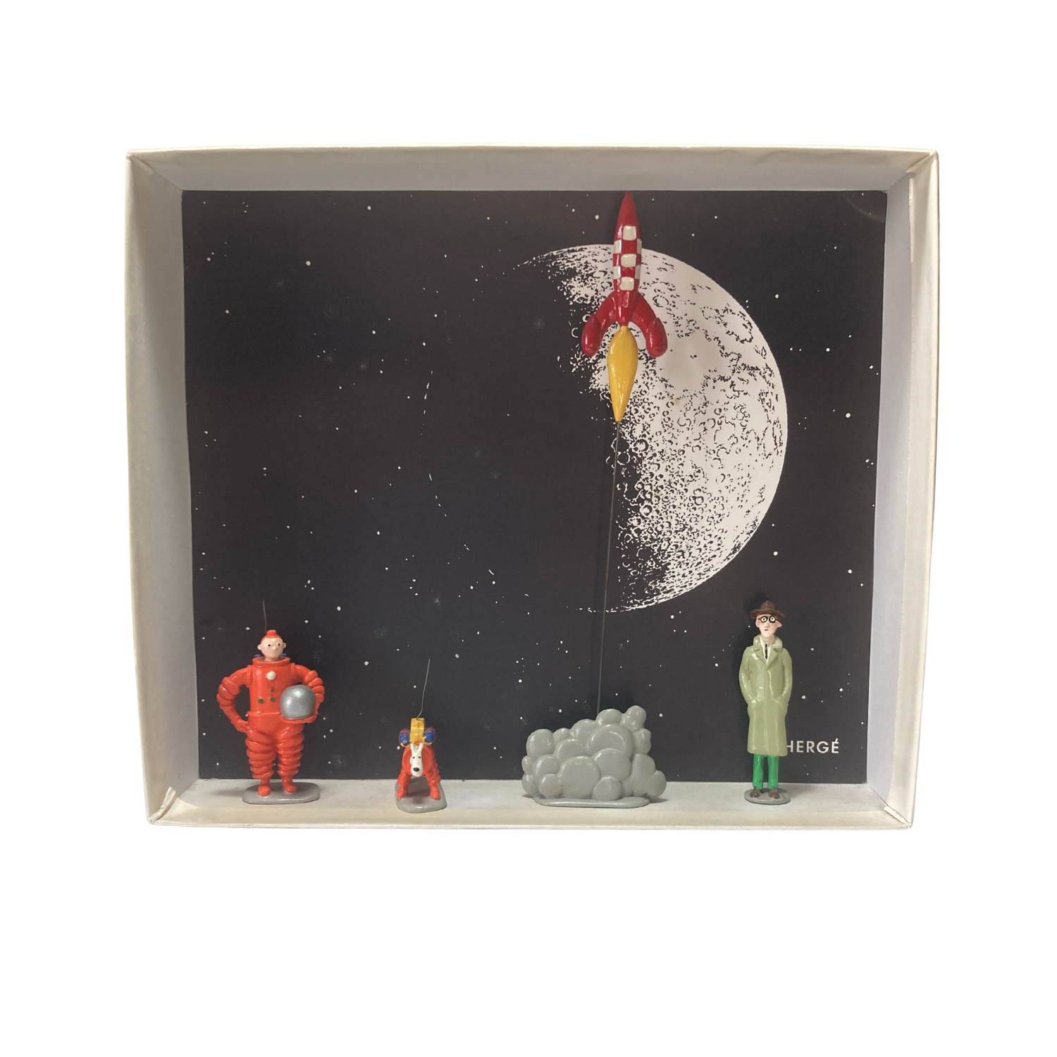 Illustration de Tintin, Milou, Baxter et une fusée dans une scène colorée, par Espace714.