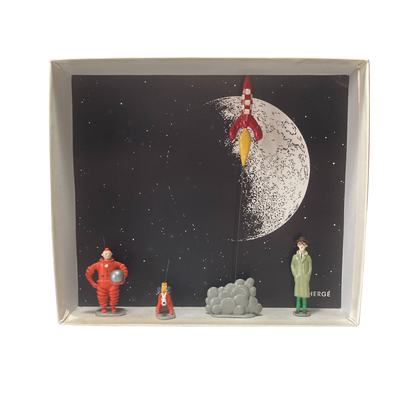 Illustration de Tintin, Milou, Baxter et une fusée dans une scène colorée, par Espace714.