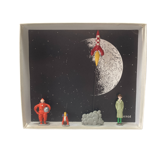 Illustration de Tintin, Milou, Baxter et une fusée dans une scène colorée, par Espace714.