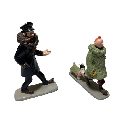 Figurines de Tintin, Milou et Haddock en figurine en plastique, collection Espace714, détails colorés et expressifs.
