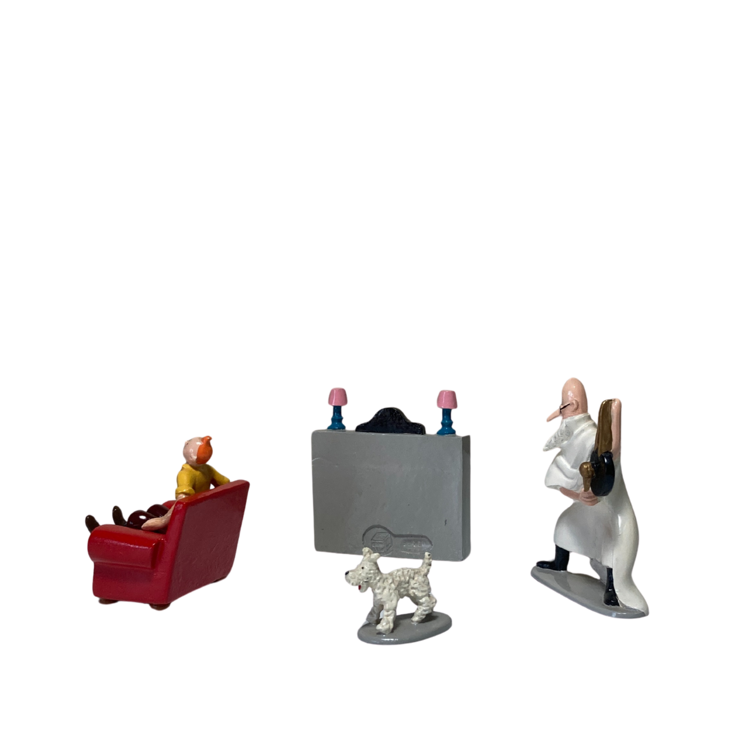 Image de Tintin, Milou et Philippulus, figurines de la collection Espace714, représentant ces personnages de bande dessinée.