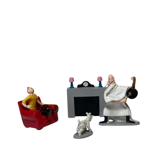 Illustration de Tintin, Milou et Philippulus, personnages de la bande dessinée, dans une scène colorée et détaillée.