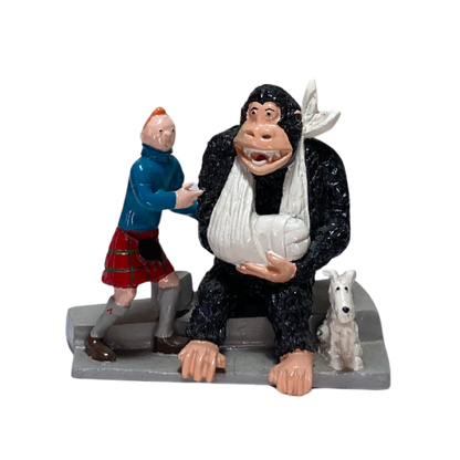 Image de Tintin, Milou et le gorille, illustration colorée de la bande dessinée Tintin, par Espace714.