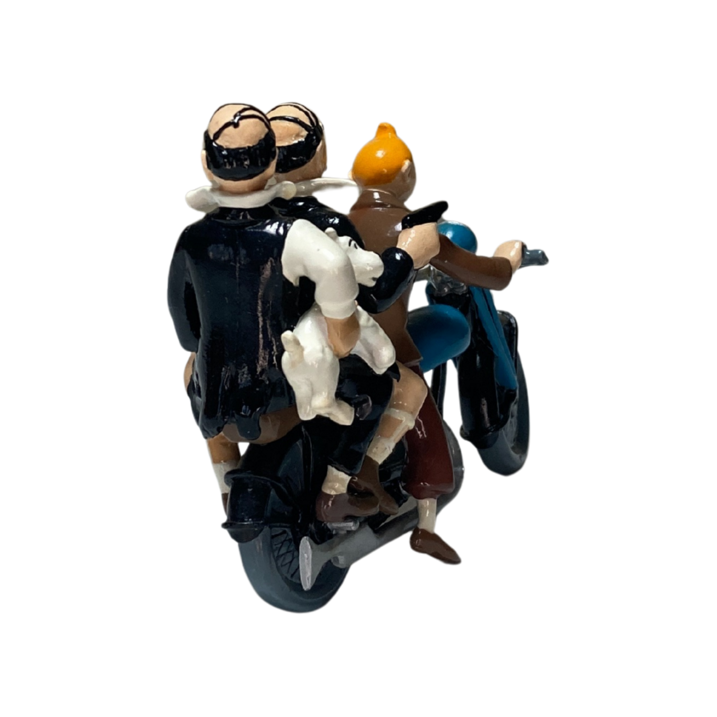 Image de Tintin, Milou et les Dupondt à moto, illustration colorée de la bande dessinée Tintin par Espace714.