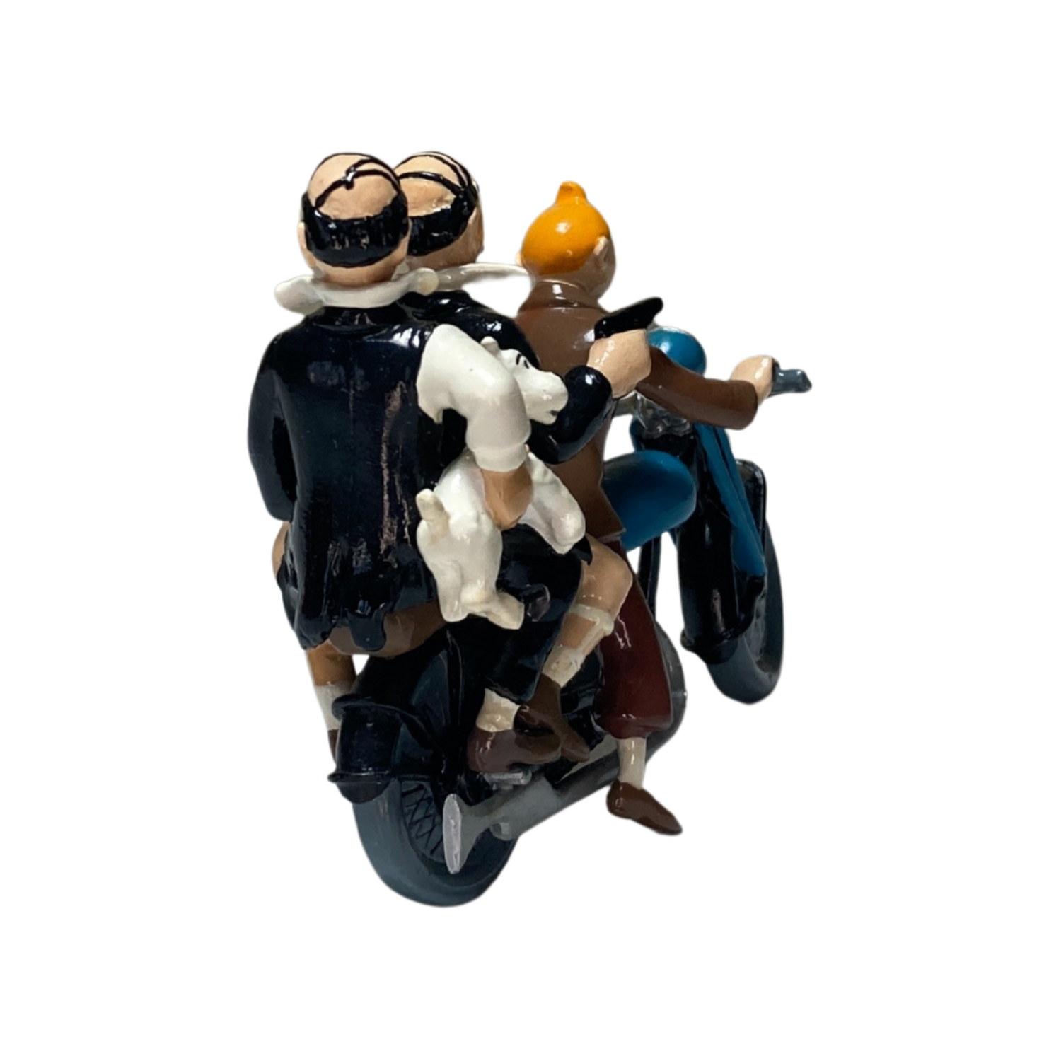 Image de Tintin, Milou et les Dupondt à moto, illustration colorée de la bande dessinée Tintin par Espace714.