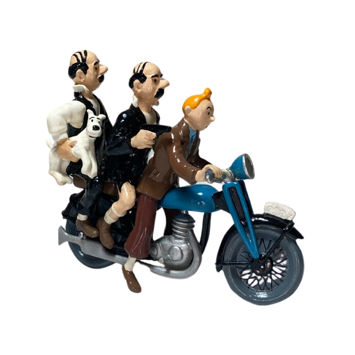 Image de Tintin, Milou et les Dupondt à moto, illustrant une scène de bande dessinée, en style coloré et détaillé.