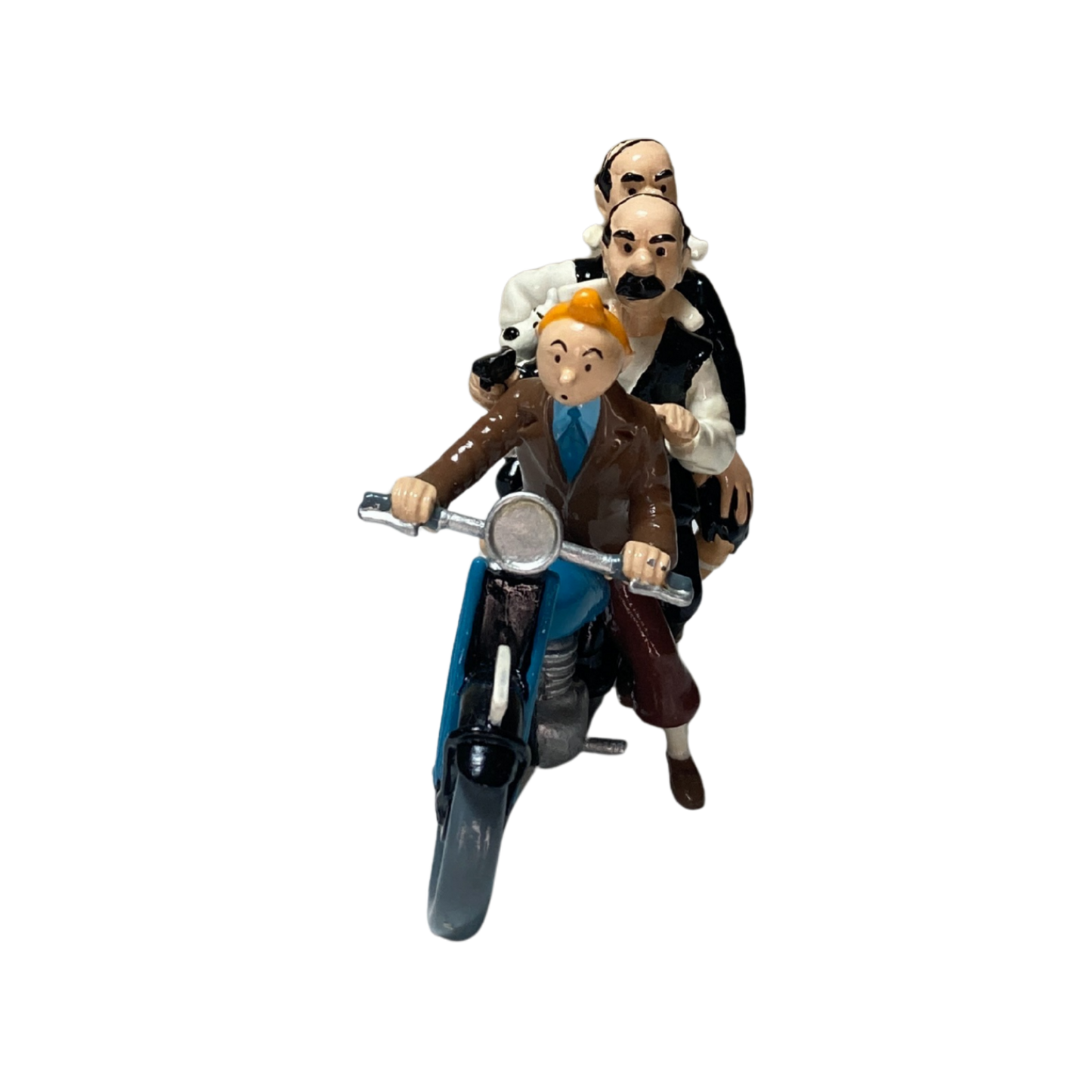 Personnages de Tintin, Milou et les Dupondt sur une moto, illustration colorée de la bande dessinée, par Espace714.