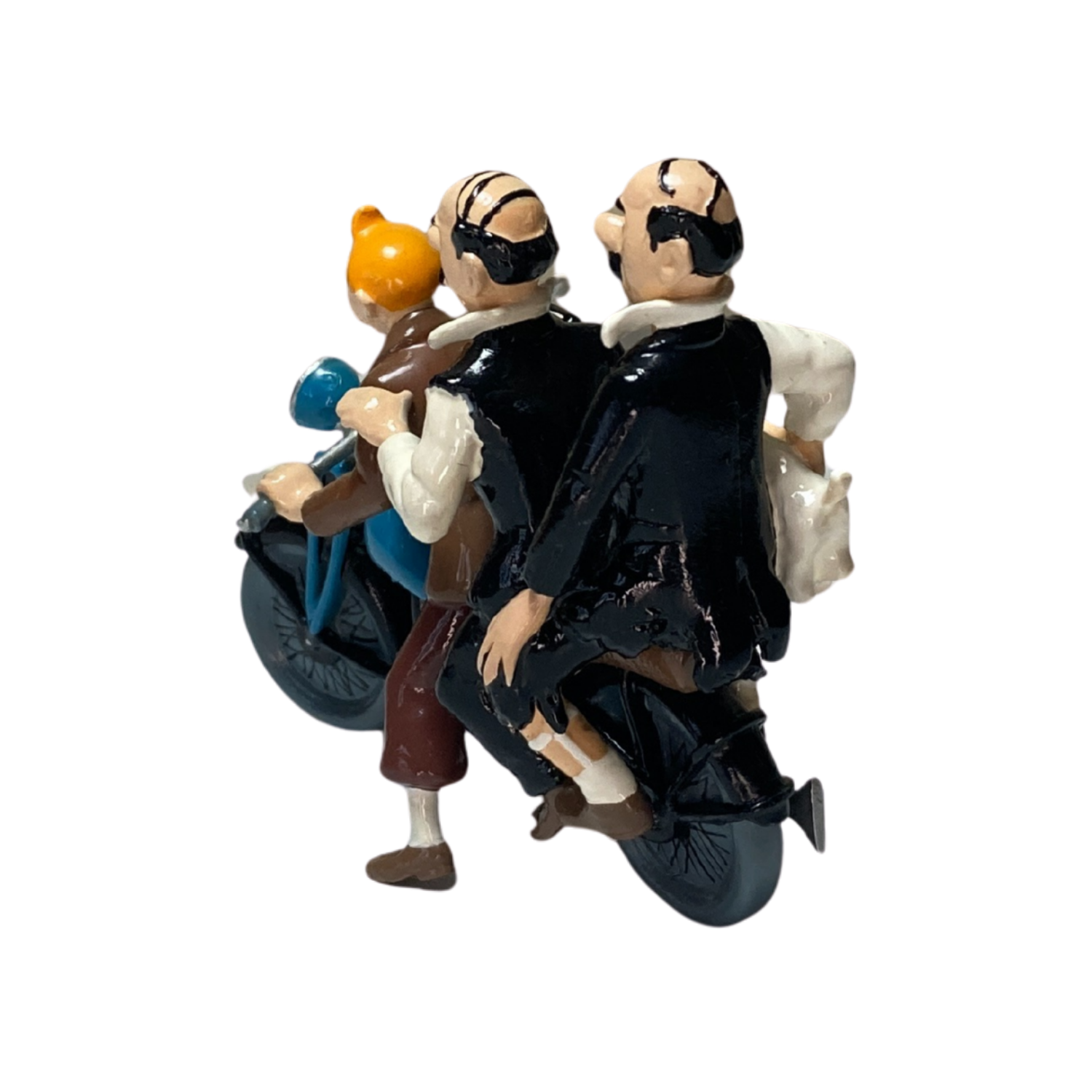 Image de Tintin, Milou et les Dupondt sur une moto, illustration colorée et détaillée, style bande dessinée.