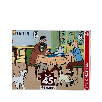 Puzzle Tintin Petit déjeuner à Moulinsart par Espace714, illustration colorée de Tintin avec son petit déjeuner.