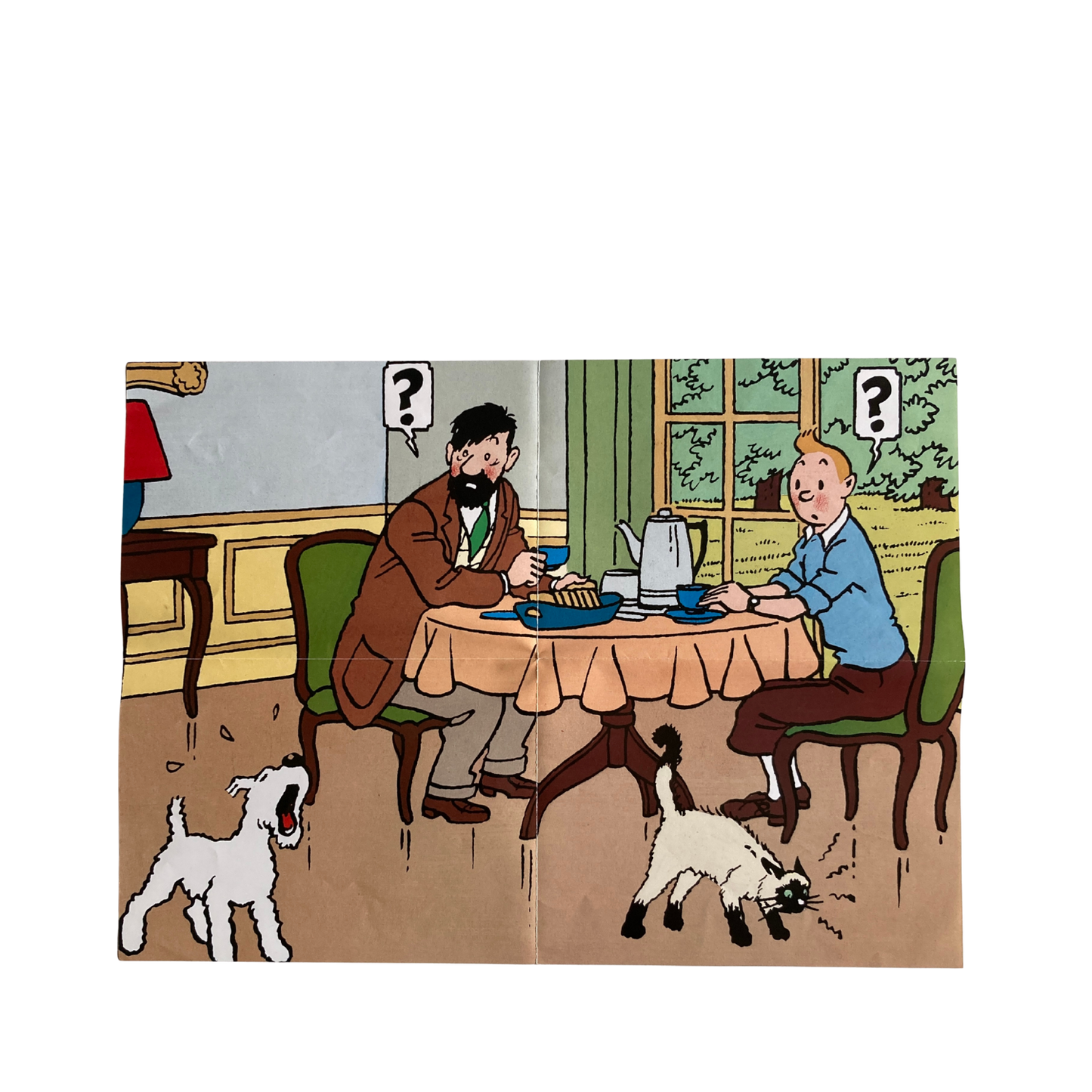 Puzzle Tintin Petit déjeuner à Moulinsart par Espace714, image d’un puzzle avec Tintin et Moulinsart en détail coloré.