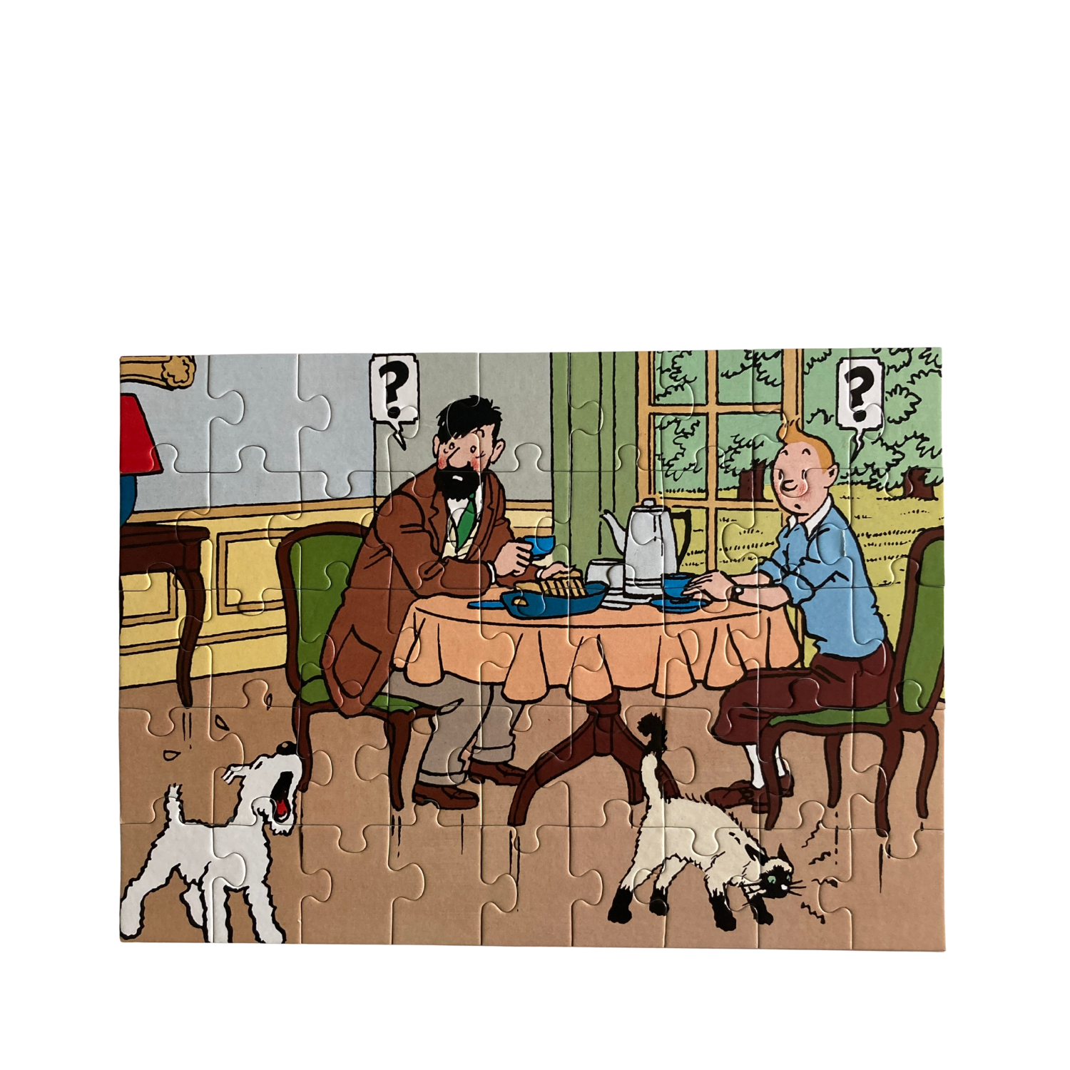 Puzzle Tintin Petit déjeuner à Moulinsart, image colorée montrant Tintin et ses amis autour d'un petit déjeuner.