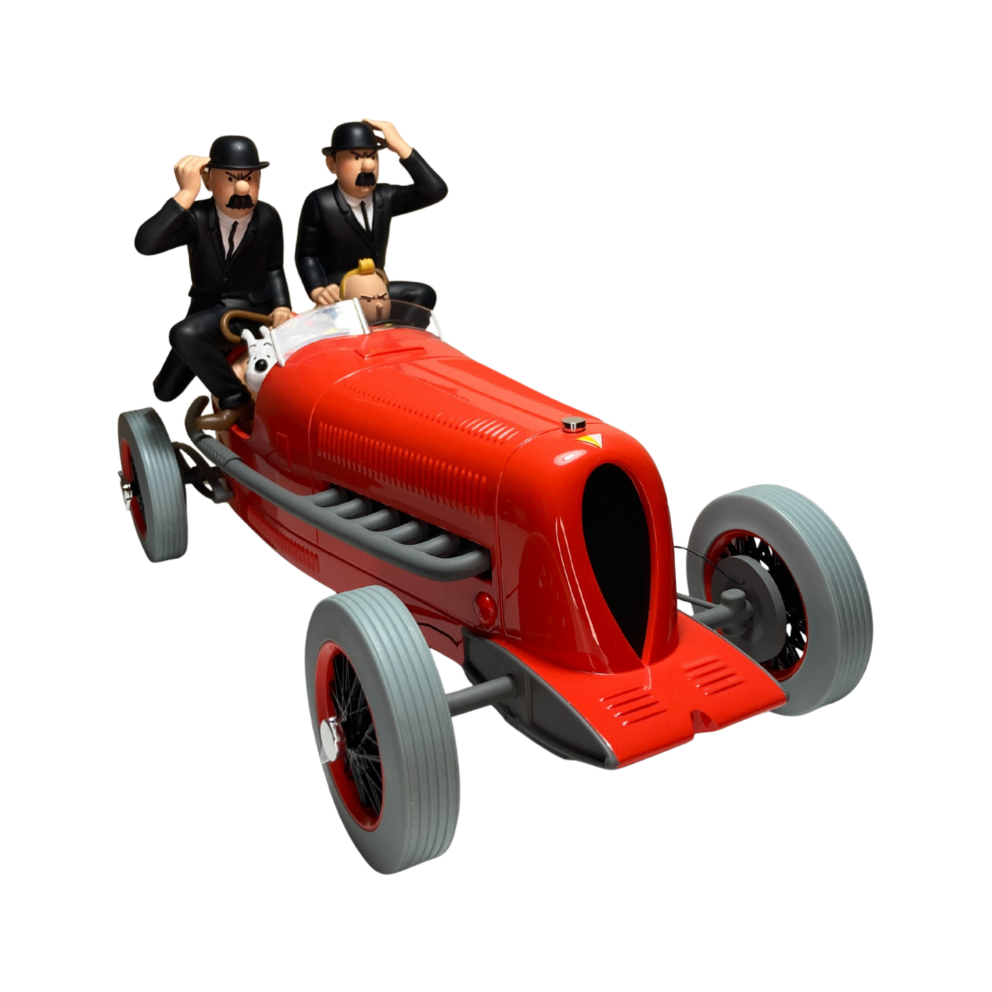 Figurine de Tintin avec les Dupondt devant un bolide rouge, édition Espace714, modèle détaillé et coloré.