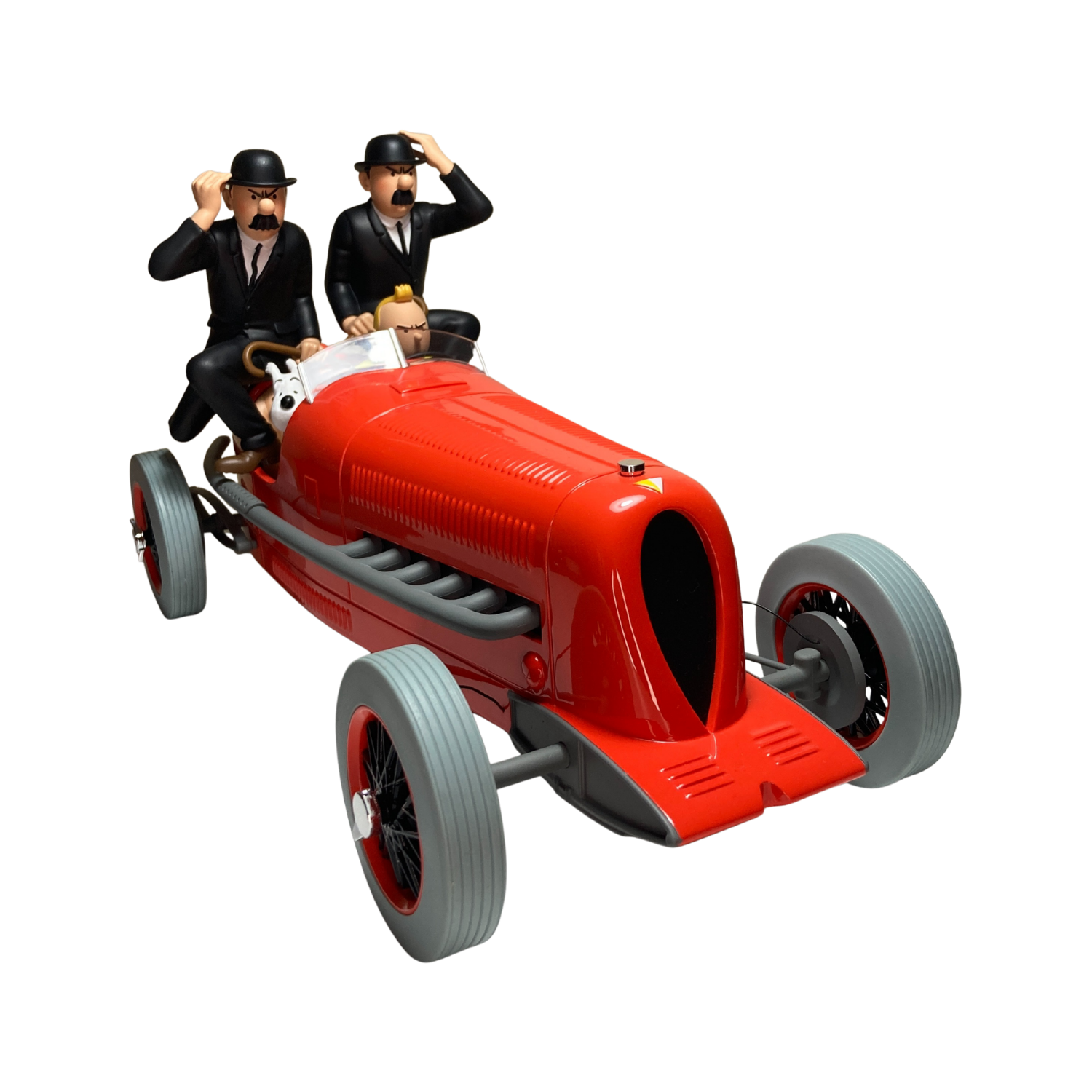 Figurine de Tintin avec les Dupondt devant un bolide rouge, édition Espace714, modèle détaillé et coloré.