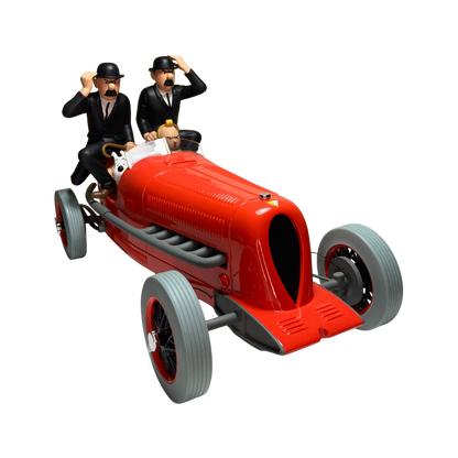 Figurine de Tintin avec les Dupondt devant un bolide rouge, édition Espace714, modèle détaillé et coloré.